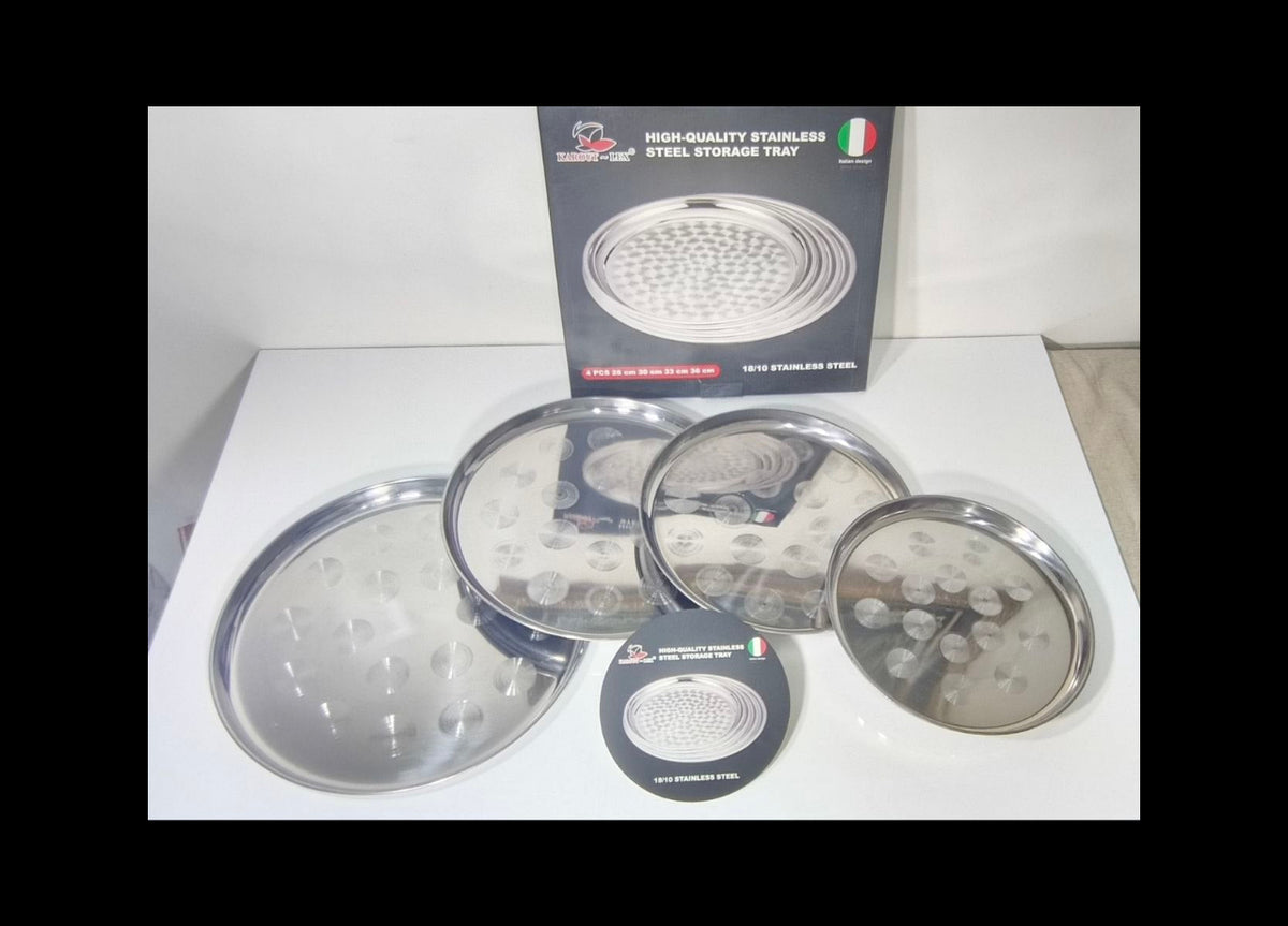 Four round stainless steel storage trays with a dimpled bottom design, displayed alongside their black retail packaging box on a white surface.