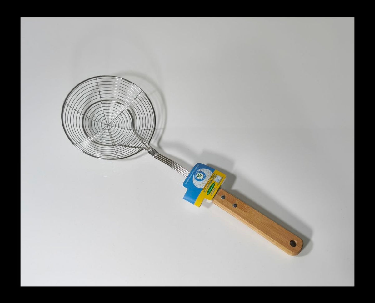 A metal spider strainer with a light wood handle, shown with its blue and yellow retail packaging tag attached, on a plain white background.