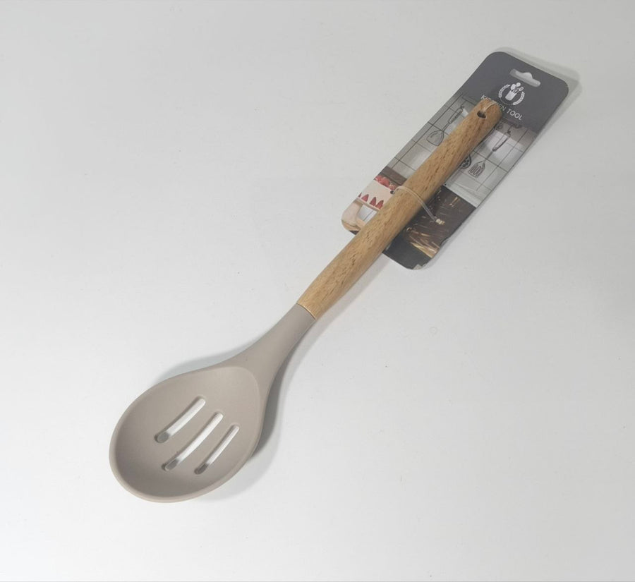 Beige Silicone-Headed Slotted Spoon
