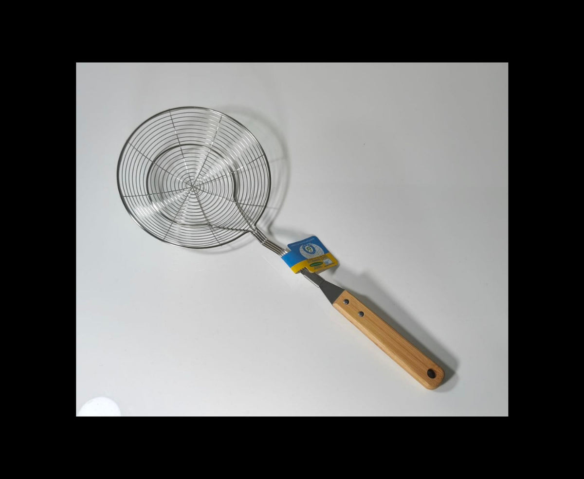A metal spider skimmer with a light wood handle and a blue and yellow brand tag, photographed on a plain white background.