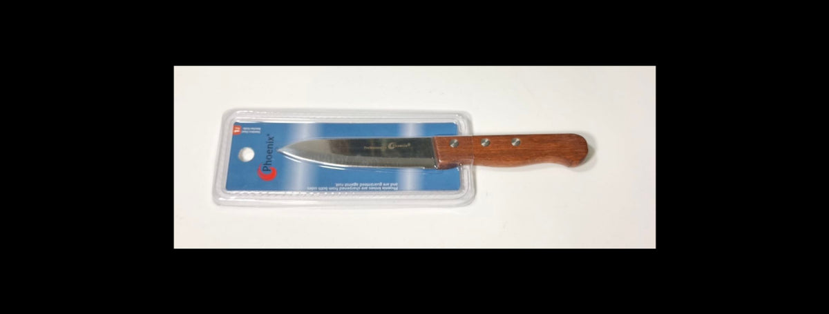 A small kitchen knife with a brown wooden handle and silver blade, packaged in a clear plastic sleeve with a blue Phoenix brand card, on a white background.